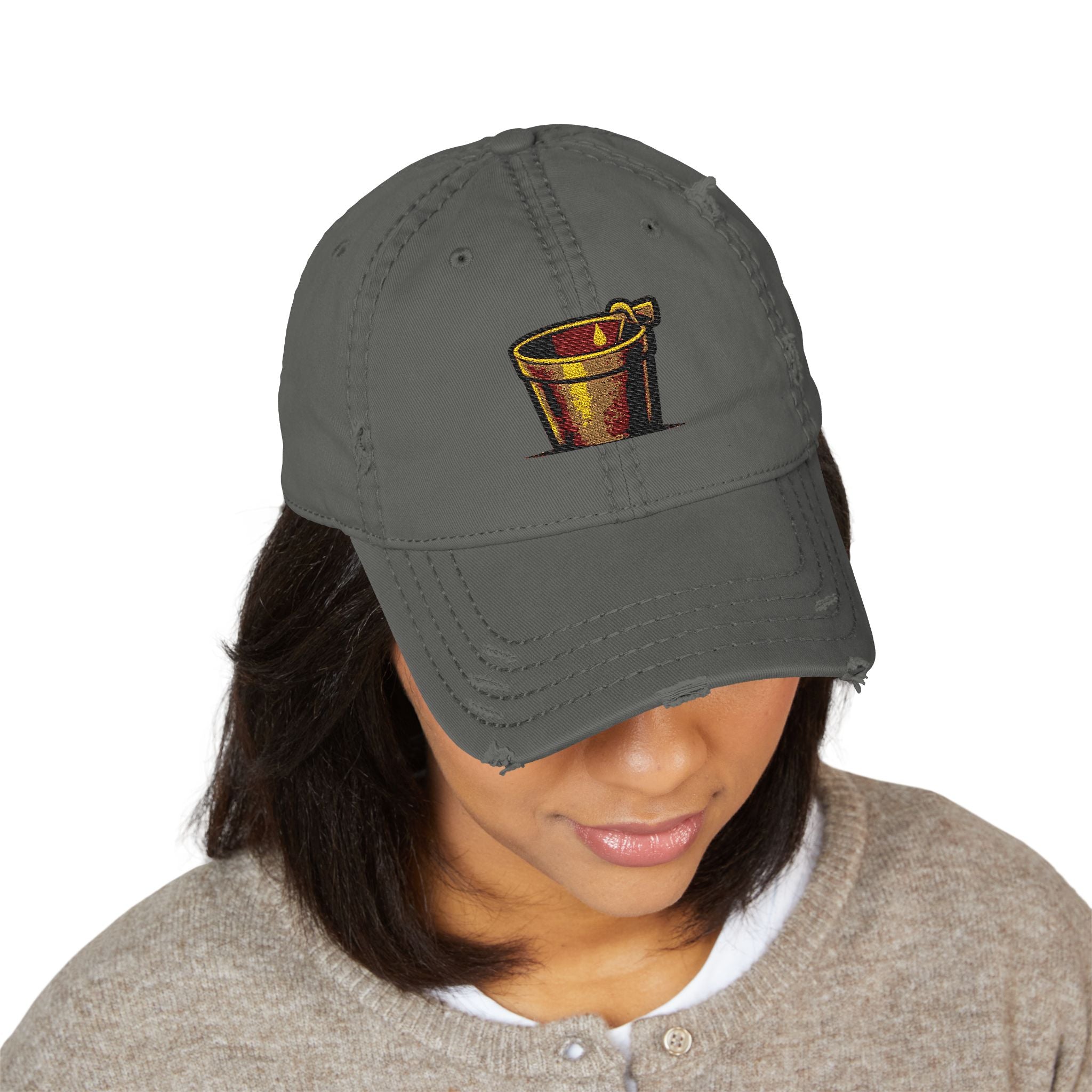 Distressed Hat with Embroidered Maple Syrup Bucket — 'Tap the Maple' Vintage Dad Cap